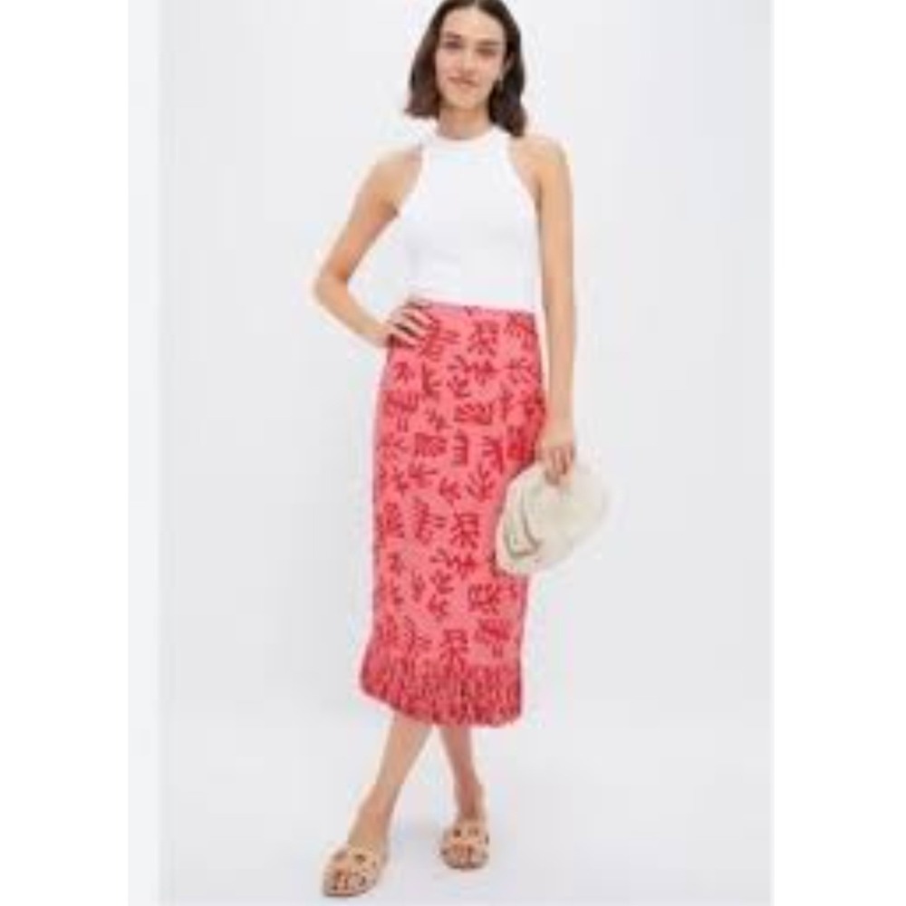 Hyacinth House Pink Coral Print Fringe Hem Midi Skirt Small AY715K